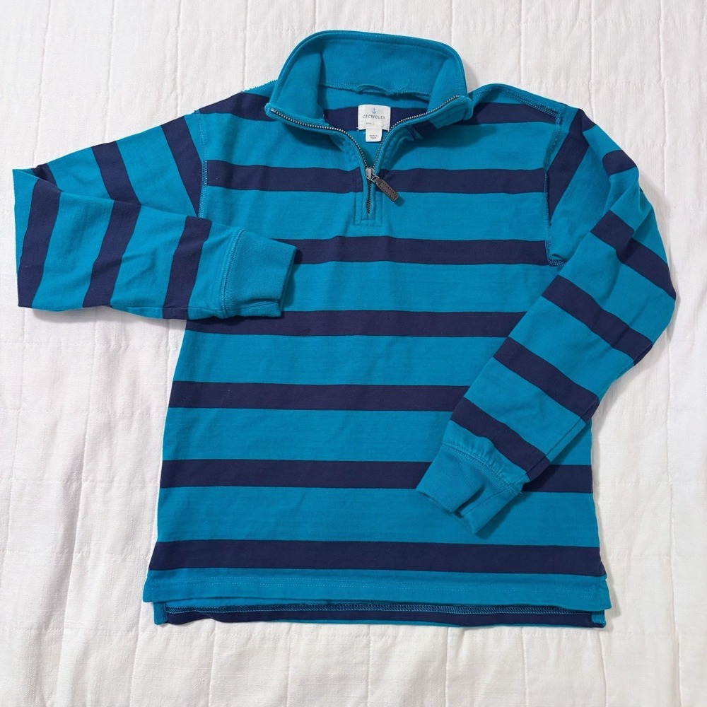 J.Crew Crewcuts Boys Quarter Zip LARGE‎ Stripe Navy Teal Pullover Rugby Preppy